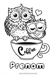 Coloriage gratuit Coeur Bonne fête Je t'aime Tasse Chouette, Hibou Animal Café Boisson Oiseaux et mammifères volants
