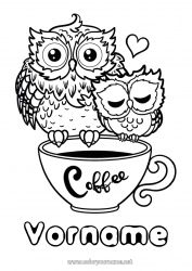 Kostenlose Malvorlage Herz Frohes Fest Ich liebe dich Tasse Eule, Uhu Tier Kaffee Getränk Vögel und fliegende Säugetiere