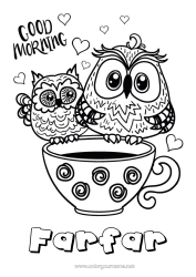 Gratis färgläggning Mugg Uggla, Hök Djur Kafé Dryck Fåglar och flygande däggdjur