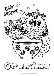 Free coloring Mug Owl Animal Coffee Drinks Flying birds and mammals