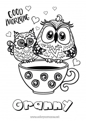 Child coloring page Mug Owl Coffee Drinks Flying birds and mammals