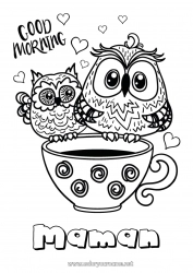 Coloriage enfant Tasse Chouette, Hibou Animal Café Boisson Oiseaux et mammifères volants