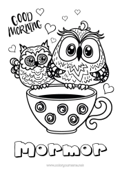 Gratis färgläggning Mugg Uggla, Hök Djur Kafé Dryck Fåglar och flygande däggdjur