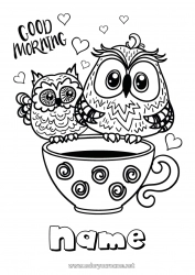 Free coloring Mug Owl Coffee Drinks Flying birds and mammals