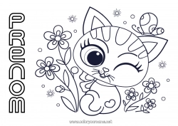 Coloriage gratuit Mignon Fleurs Chat Papillon Animal Insectes Chiens et chats