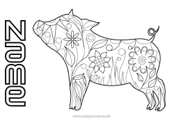 Free colouring Flowers Mandala Pig Spring Animal Chinese New Year Farm Farm animals