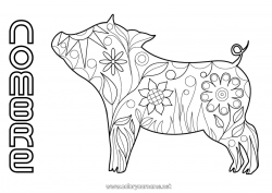 Colorear para personalizar Flores Mandala Cerdo Primavera Animales Año Nuevo chino Granja Animales de granja