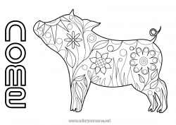 Desenho grátis Flores Mandala Porco Primavera Animal Ano Novo Chinês Fazenda Animais de fazenda