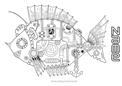 Free colouring Robot Animal Fish Complex colouring pages Marine or aquatic animals Steampunk Gears