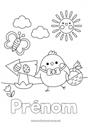 Coloriage gratuit Kawaii Printemps Soleil Poussin Papillon Animal Oeufs de Pâques Pâques Symboles Coloriages faciles Insectes Animaux de la ferme