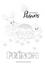 Coloriage gratuit Gâteau Printemps Poussin Lapin Papillon Animal Pâques 