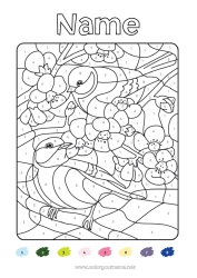 Coloring to customize Bird Spring Coloring by numbers Children's activities Animal Flying birds and mammals Cherry tree