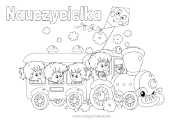 Kolorowanka dla dziecka Wakacje Pojazdy Dziecko Pociąg Lokomotywa Transport public lądowy Latawiec