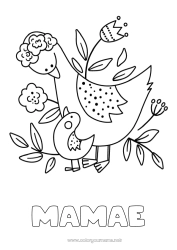 Página de desenho infantil Mamãe Vovó Feliz Aniversário Pássaro Animal Pássaros e mamíferos voadores Filhote