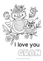 Free colouring Mum Grandma Happy birthday I love you. Owl, Tawny owl Animal