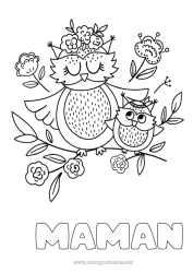 Coloriage enfant Maman Mamie Bonne fête Je t'aime Chouette, Hibou Animal 