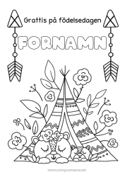 Färgläggningssida att anpassa Björn Mamma Mormor Grattis på födelsedagen Björnungar Skogens djur Amerikanska indianer Tält Tipi