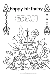 Free colouring Bear Mum Grandma Happy birthday Teddy bear Forest animals American Indians Tent Tipi