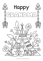 Free coloring Bear Mum Grandma Happy feast day ! Teddy Bear Forest animals Native Americans Tent Tipi