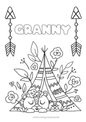 Child coloring page Bear Mum Grandma Happy feast day ! Teddy Bear Forest animals Native Americans Tent Tipi