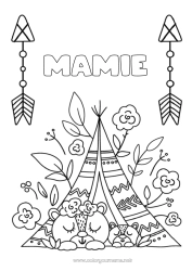 Coloriage enfant Ours Maman Mamie Bonne fête Ourson Animaux de la forêt Indiens d'Amérique Tente Tipi