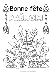 Coloriage gratuit Ours Maman Mamie Bonne fête Ourson Animaux de la forêt Indiens d'Amérique Tente Tipi