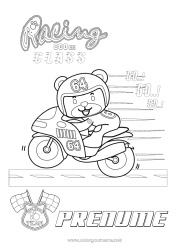 Desen liber de colorat Urs Sport Vehicule Animal Ursuleț Cursă Motocicletă Colorează intermediare Animale din pădure Vehicule cu două roți