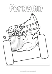 Gratis färgläggning Katt Mat Djur Biograf Popcorn Gottigheter, sötsaker Hundar och katter