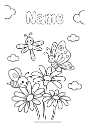 Free coloring Cute Flowers Spring Butterfly Bee Daisy Easy coloring pages Insects Dragonfly