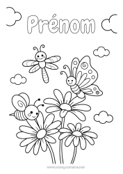 Dessin gratuit Mignon Fleurs Printemps Papillon Abeille Marguerite Coloriages faciles Insectes Libellule