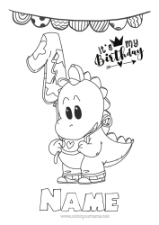 Free colouring Cute Birthday Dinosaurs Dragon Easy colouring pages Happy birthday message Big number age Dragons, unicorns, and fantastical creatures