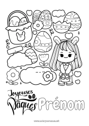 Coloriage gratuit Kawaii Fille Lapin Pâques 