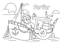 Gratis färgläggning Fiske Hav Fordon Båt Boj Marin Marina fordon Fiskare till sjöss Havets yrken