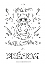 Coloriage gratuit Bonbons Citrouille Chat noir Mignon Chat Halloween Chiens et chats Inscription "halloween"