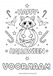 Kleurplaat aanpassen Snoepjes Pompoen Zwarte kat Schattig Kat Halloween Honden en katten Inscriptie 'halloween'
