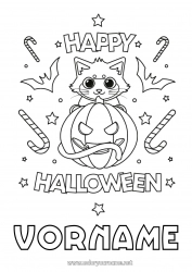 Kostenlose Malvorlage Bonbons Kürbis Schwarze Katze Niedlich Katze Halloween Hunde und Katzen Beschriftung 