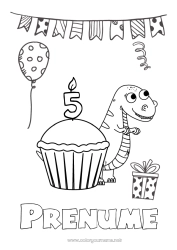 Pagină de colorat personalizată Lumânare Tort Dinozauri Desene de colorat ușoare Vârstă personalizabilă de sărbătorit
