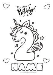 Colouring to customise Birthday Figure Unicorn Easy Colouring Pages Happy Birthday Message Big Number Age Dragons, Unicorns, And Fantastical Creatures Two