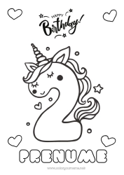 Pagină de colorat personalizată Aniversare Număr Unicornă Desene de colorat ușoare La mulți ani! Număr mare de vârstă Dragoni, unicorni și animale fantastice Două