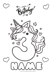 Colouring to customise Birthday Figure Unicorn Easy Colouring Pages Happy Birthday Message Big Number Age Dragons, Unicorns, And Fantastical Creatures Three