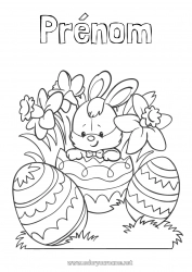 Coloriage gratuit Fleurs Printemps Lapin Oeufs de Pâques Pâques Jonquilles Animaux de la forêt