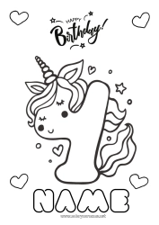 Free drawing Birthday Number Unicorn Easy coloring pages Happy Birthday (English) Message Big number age Dragons, unicorns and fantastic animals Four