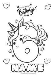 Free coloring Birthday Number Unicorn Easy coloring pages Happy Birthday (English) Message Big number age Dragons, unicorns and fantastic animals Six