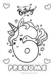 Pagină de colorat gratuită Aniversare Număr Unicornă Desene de colorat ușoare La mulți ani! Număr mare de vârstă Dragoni, unicorni și animale fantastice Șase