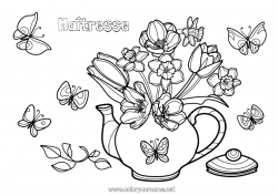 Coloriage enfant Fleurs Printemps Papillon Jonquilles Tulipe Insectes