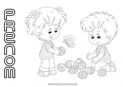 Coloriage gratuit Fille Garçon Enfant Oeufs de Pâques Pâques