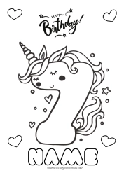 Coloring to customize Birthday Number Unicorn Easy coloring pages Happy Birthday (English) Message Big number age Dragons, unicorns and fantastic animals Seven