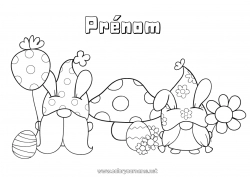 Coloriage gratuit Fleurs Printemps Champignon Gnome Oeufs de Pâques