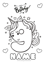 Free colouring Birthday Figure Unicorn Easy colouring pages Happy birthday message Big number age Dragons, unicorns, and fantastical creatures Nine