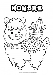 Colorear gratis Kawaii Llama Cactus México Dibujos intermedios para colorear Otros animales del mundo